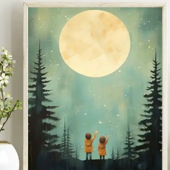 16"L x 12"W Whimsical Children Gazing at Full Moon Starry Night Sky Canvas Print - Picture 2 of 3